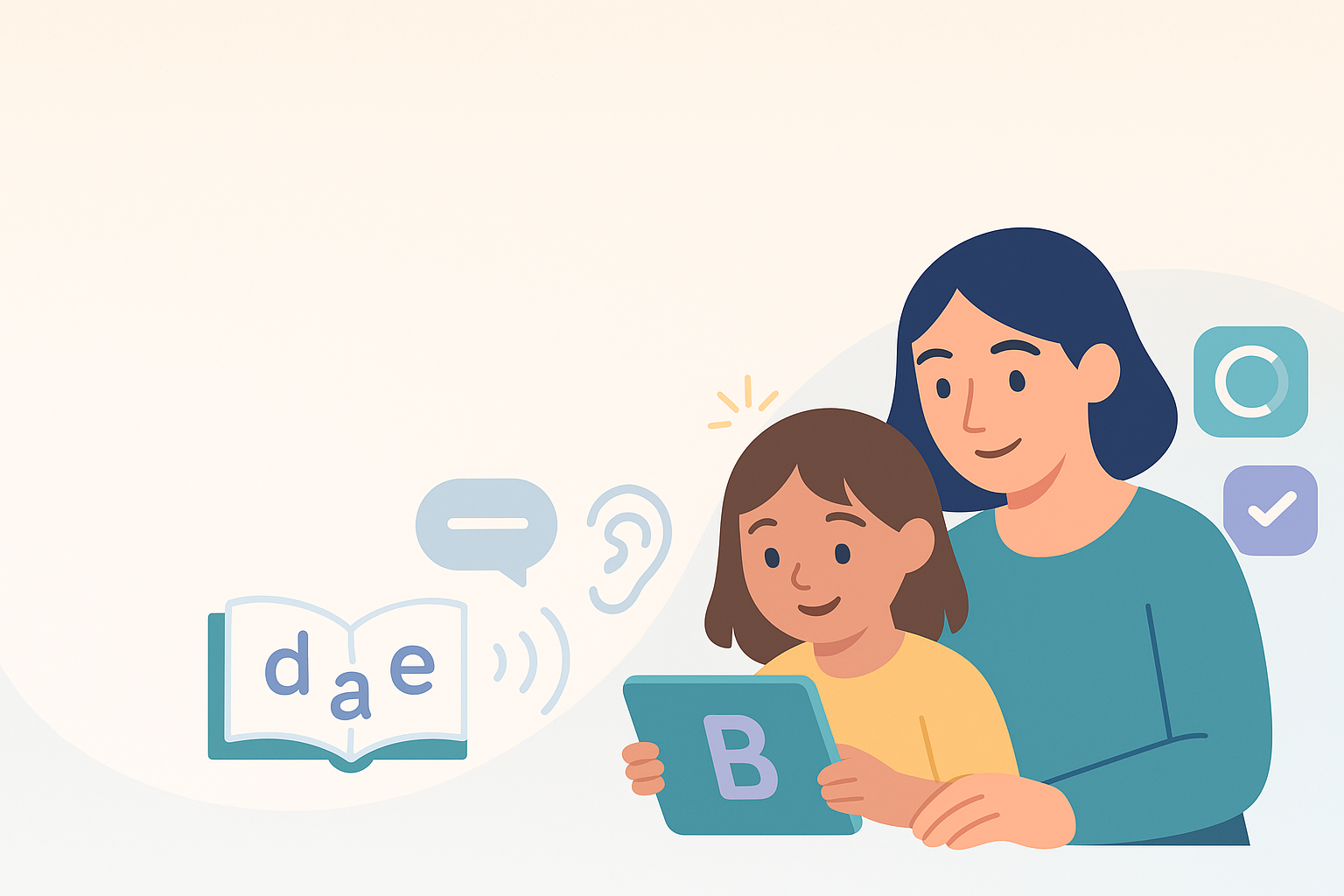 A caregiver and child reading together on a tablet.